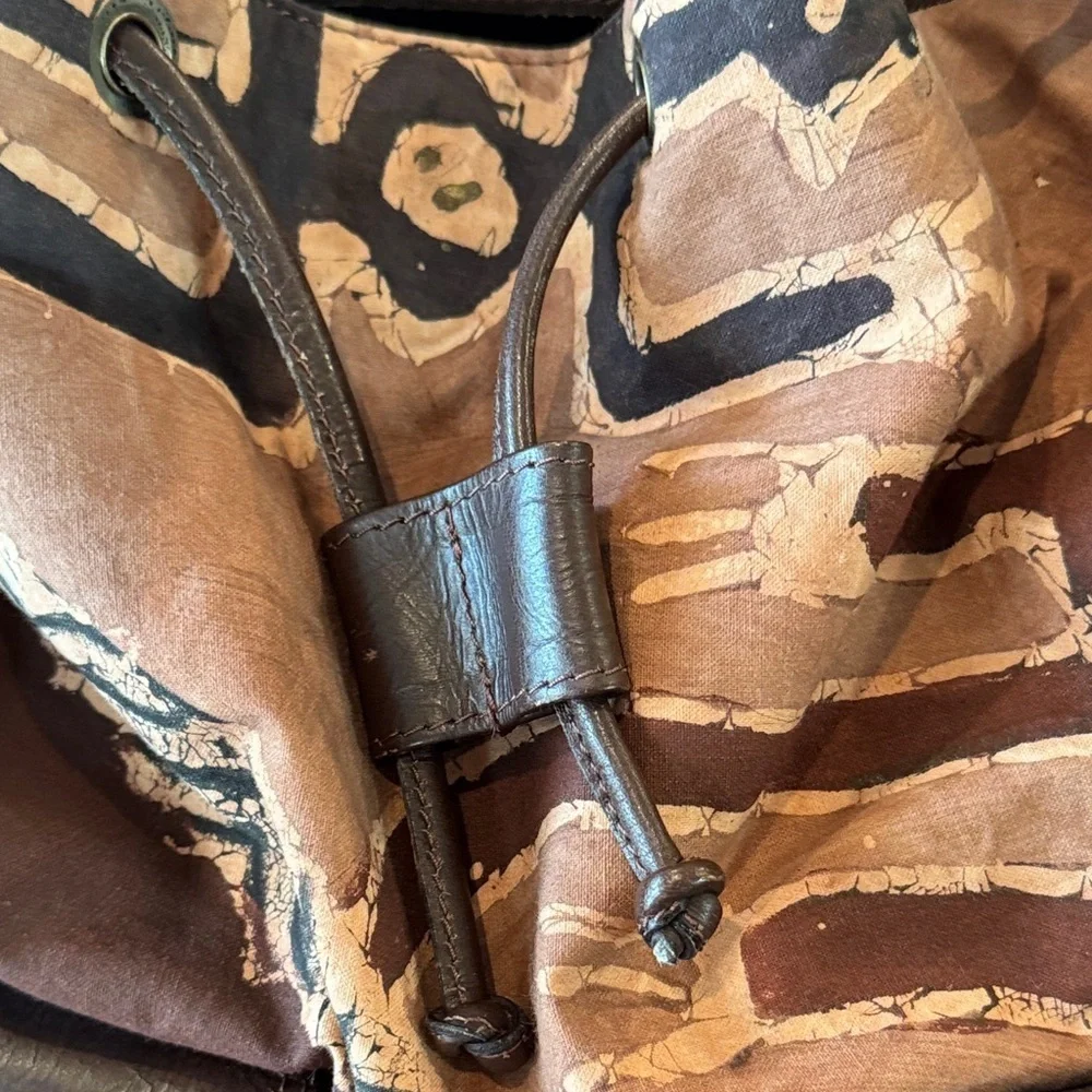 The Trading Company Brown Batik Print Cloth & Leather Backpack NWOT